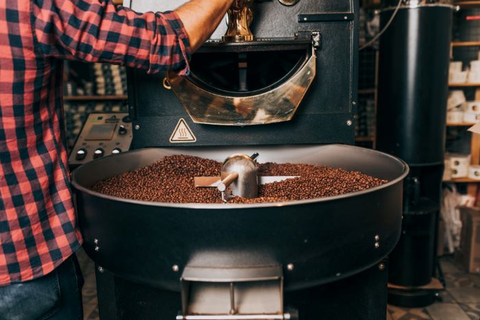 tangan pria memegang biji kopi aromatik yang baru dipanggang di atas mesin pemanggang kopi modern